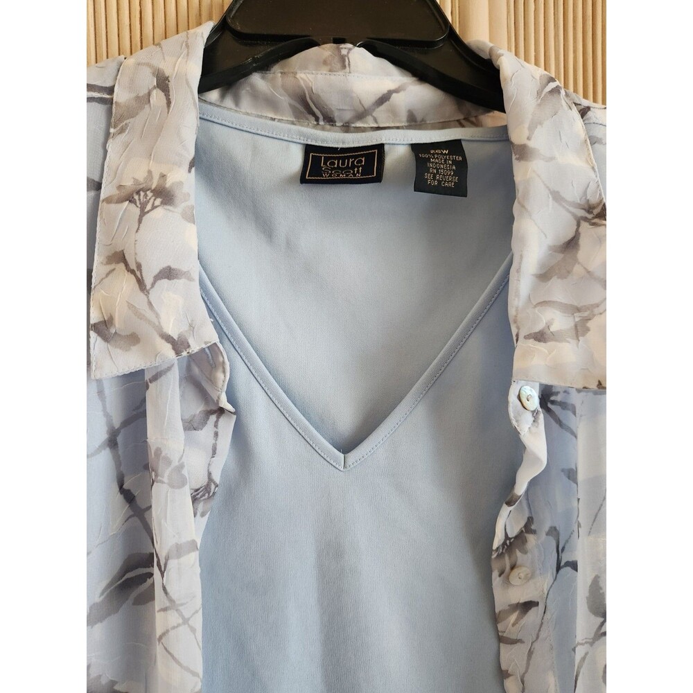 Laura Scott Women's 26W Blouse Tank Set Sheer Blue Gray Floral Button-Up V-Neck - Picture 2 of 8